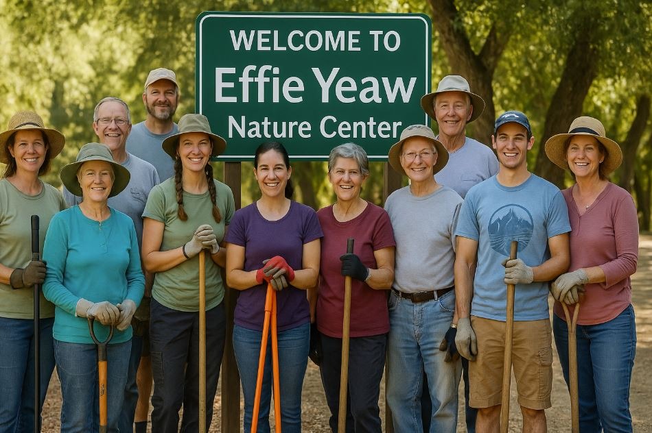 Effie Yeaw Nature Center volunteers posing with tools after cleanup day.