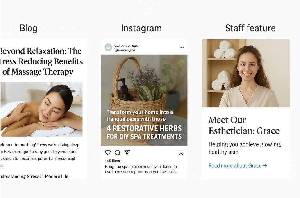 Examples of spa content repurposed for different digital platforms.