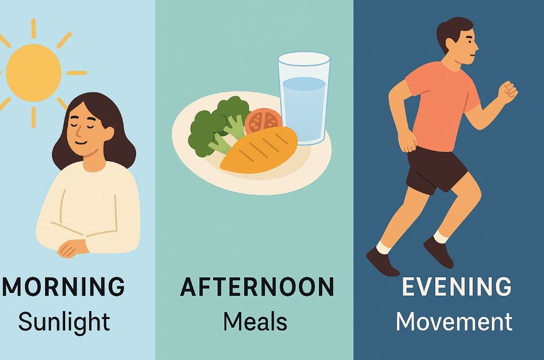 Daily energy routine with hydration, movement, balanced meals, and sleep prep.