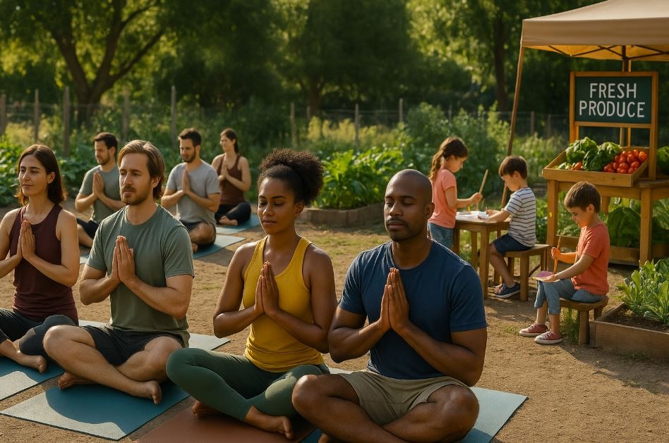 Outdoor yoga class next to a wellness garden and children's activities.