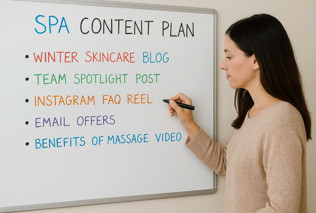 Spa owner writing a content marketing strategy on a whiteboard with seasonal and promotional ideas.