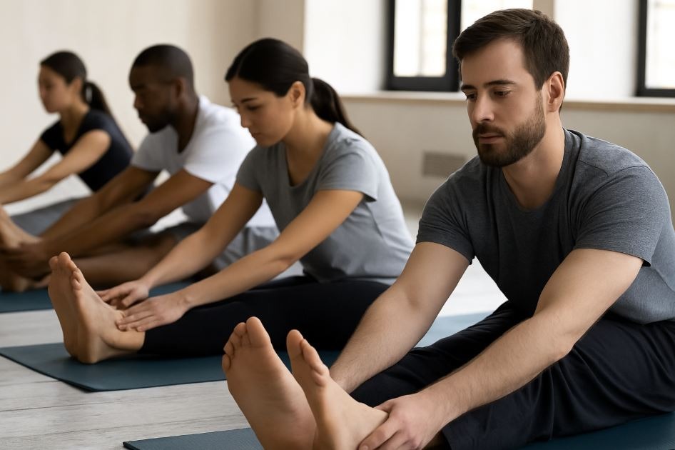 Group of diverse adults practicing synchronized seated forward stretches in a calming Pilates studio.