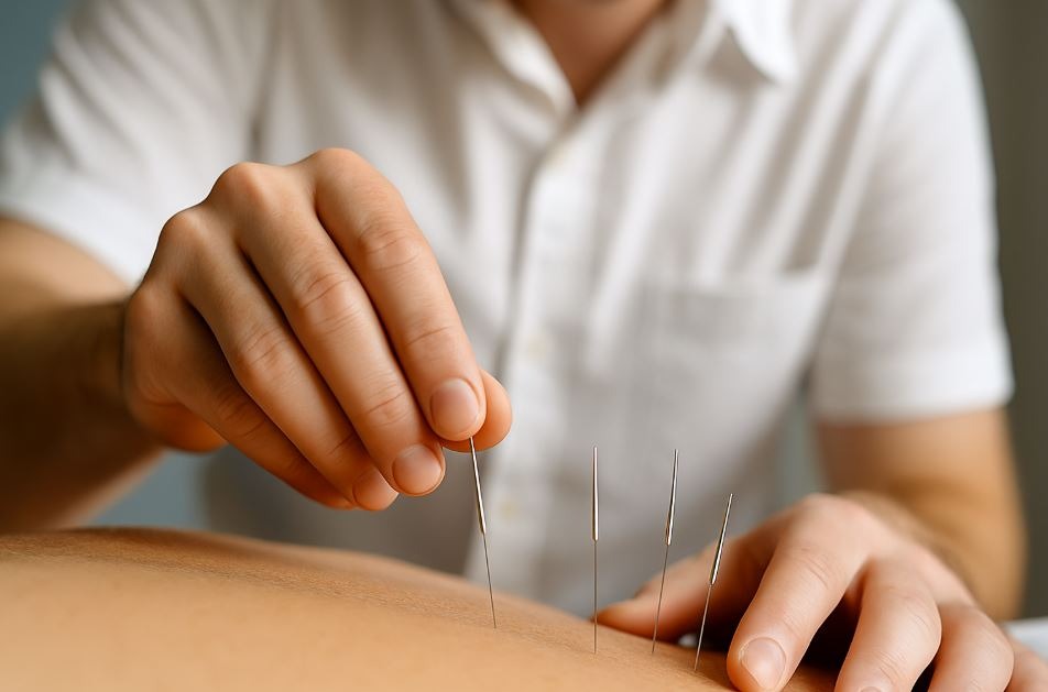 Close-up of a male acupuncturist’s hands placing fine acupuncture needles into a patient’s upper back; skin is calm with no redness, in a clinical setting.