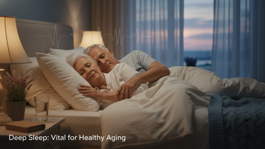 Elderly couple in deep sleep, highlighting benefits of deep sleep for older adults.