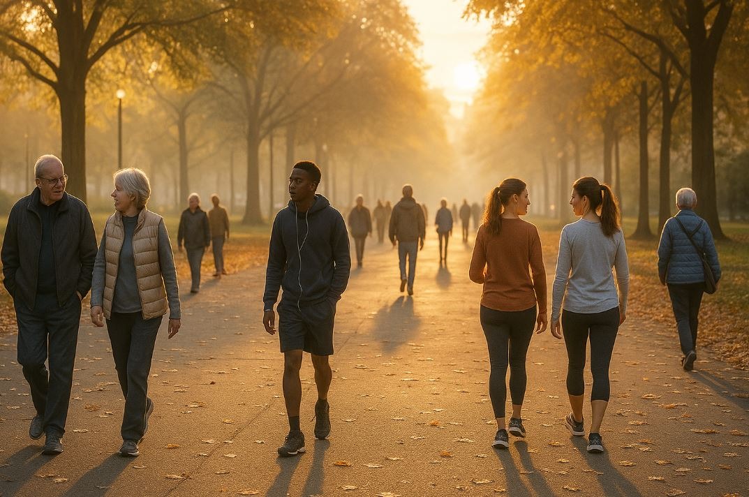 People walking in a city park at sunrise for daily exercise 