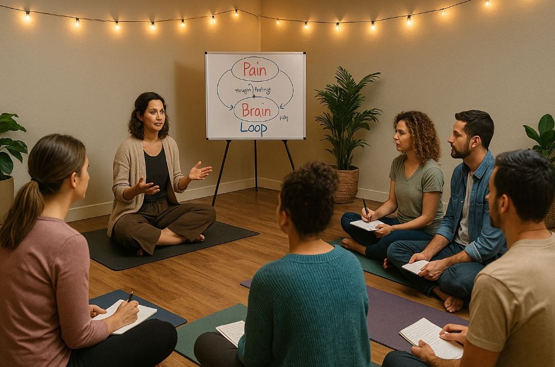 Therapist guides a workshop on mind body connection and pain reprocessing therapy.
