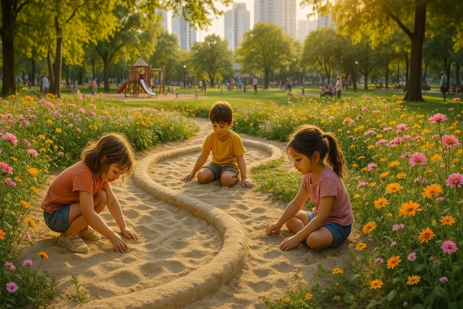 Photorealistic image of children playing in a vibrant sandpit surrounded by wildflowers in an urban park.