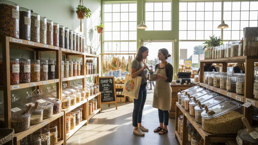 A shopper fills a reusable container with sustainable candy at a local zero-waste store.
