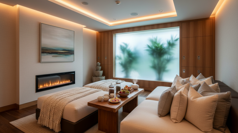 Eco-friendly disinfectants in a serene spa, enhancing hygiene solutions.