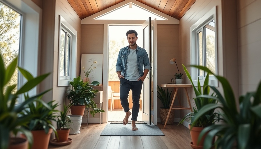 Man entering tiny house for affordable retirement living.