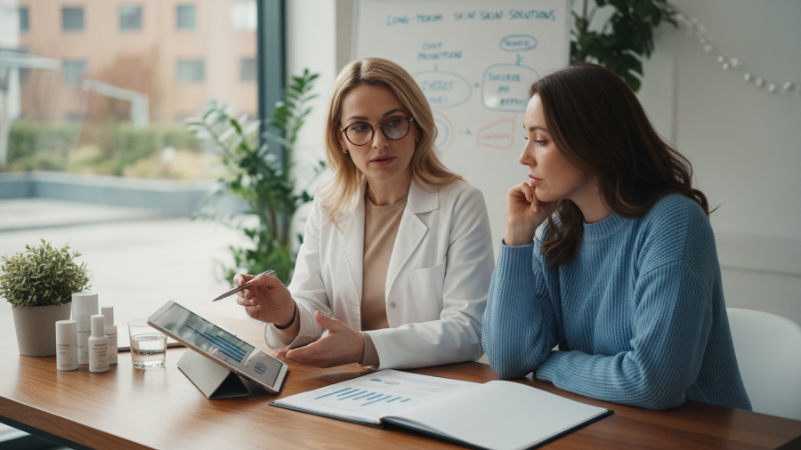 Client consults skincare expert on long-term costs and success in treating skin issues.