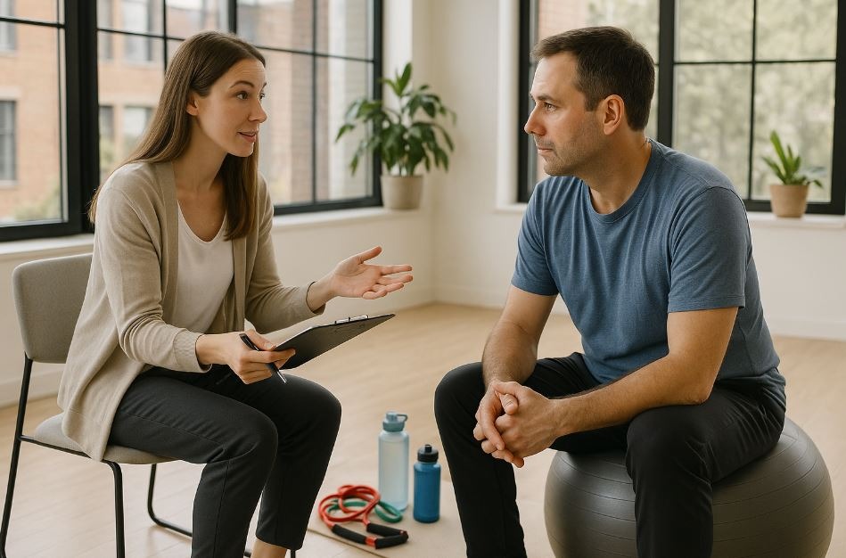 A health coach and client talk in a sunlit wellness studio, with wellness tools nearby, highlighting a collaborative approach to long-term health goals. 