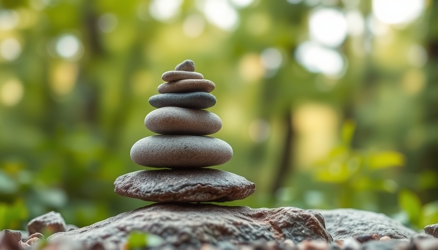 Serene stacked stones embodying Nine Attitudes of Mindfulness, lush background.