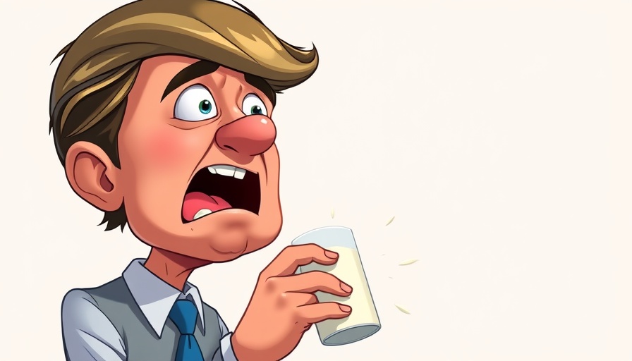 Political figure animatedly concerned about food, child drinking milk, cartoon style.