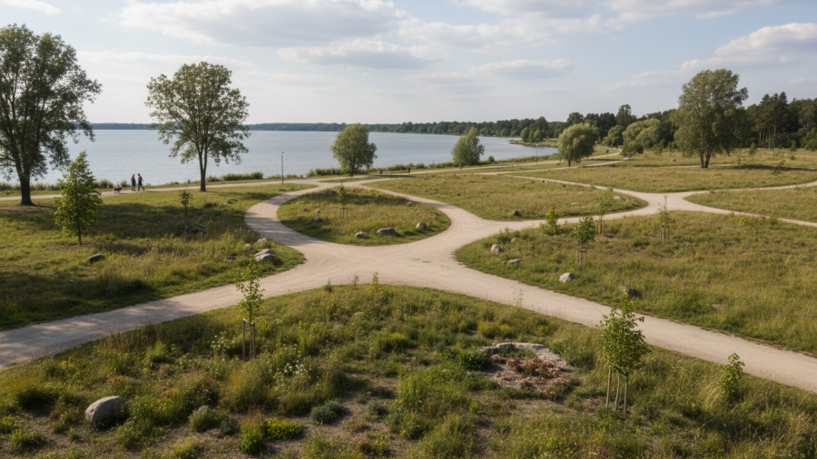 Peaceful paths near Bushy Lake, perfect for nature walks and parking access.