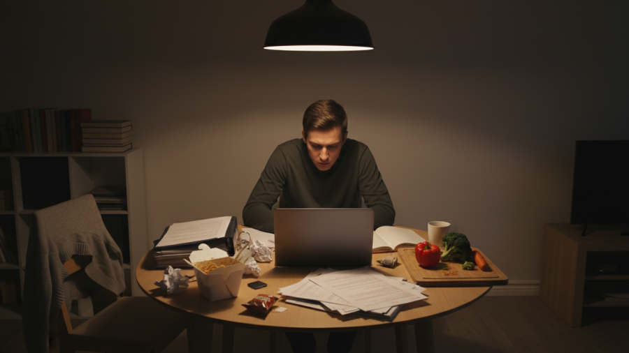 A person experiences decision fatigue at dinner, showcasing healthy eating challenges.