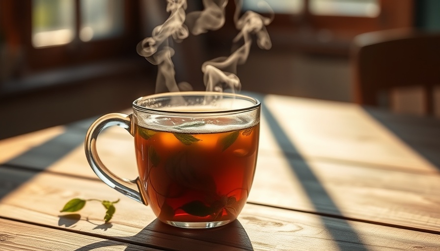 Steaming herbal tea in a glass mug on a wooden table.