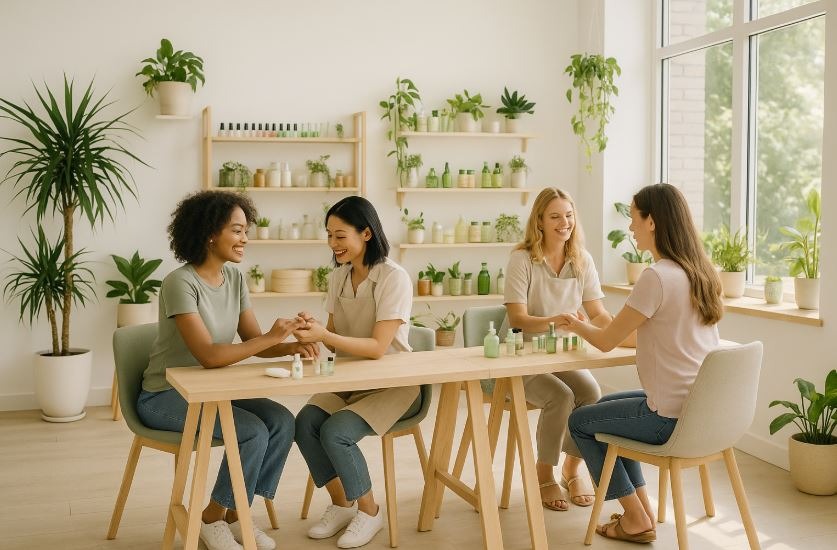 Eco-friendly nail salon with wood decor, plants, and natural light. Clients enjoy manicures in a calm, modern space with green products on display.