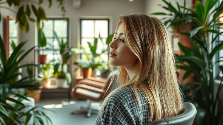 Blonde female sitting in a relaxing well lit hair salon with a lot of green plants