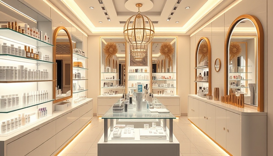 Modern retail display of cosmetics and skincare products.