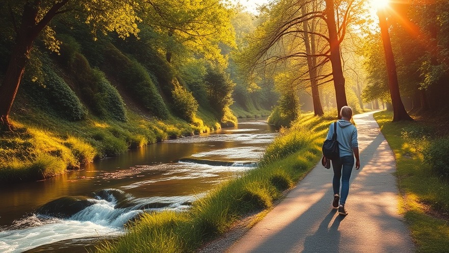 Tranquil nature scene with vibrant greenery, sunlight, and joyful walkers.