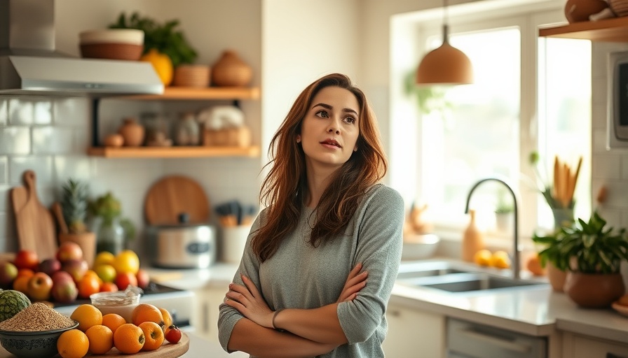 Woman in kitchen considering healthy food choices to improve gut health.