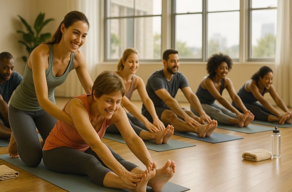 Modern yoga studio with instructor guiding deep stretches, earthy tones, and bright Sacramento views.