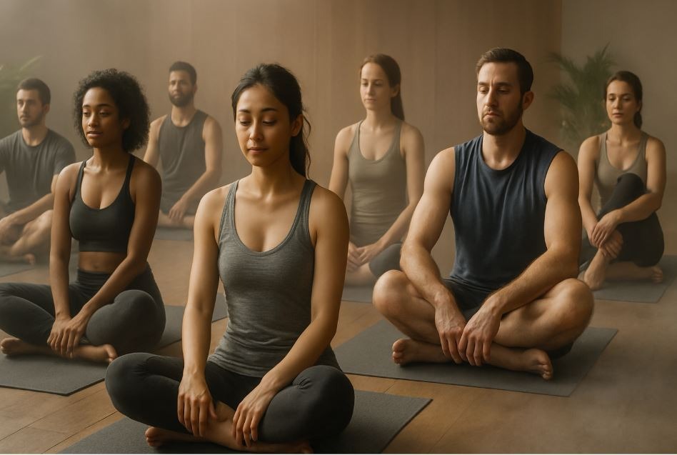 Restorative hot yoga session in Sacramento in peaceful, heated studio setting.
