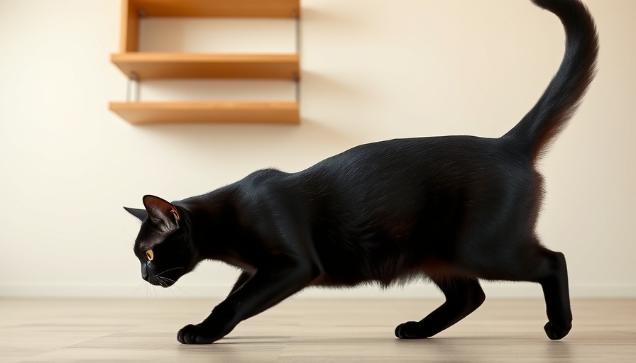 Sleek black cat on wall shelves, minimalist catifying home concept.