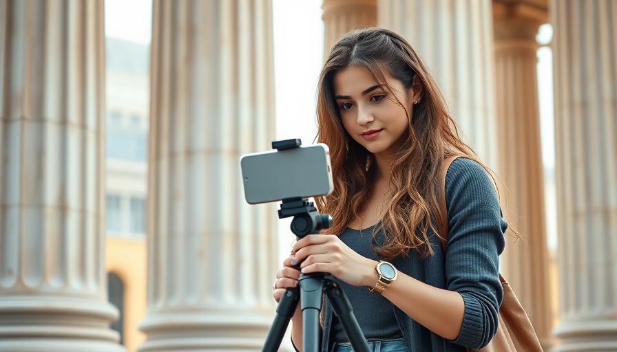 Woman creating Instagram reel in front of classic columns.