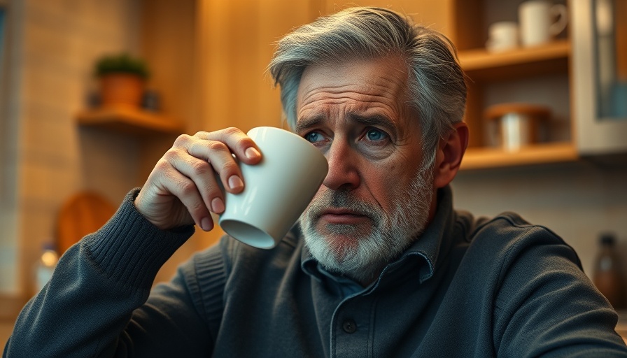Middle-aged man experiencing social jet lag while sipping coffee in the morning.