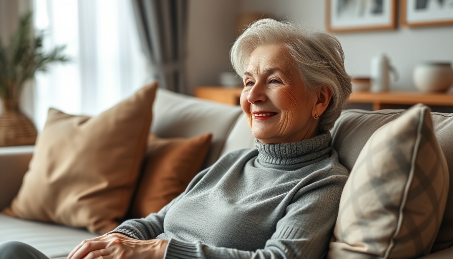 Happy older woman relaxing and smiling in a cozy living room.