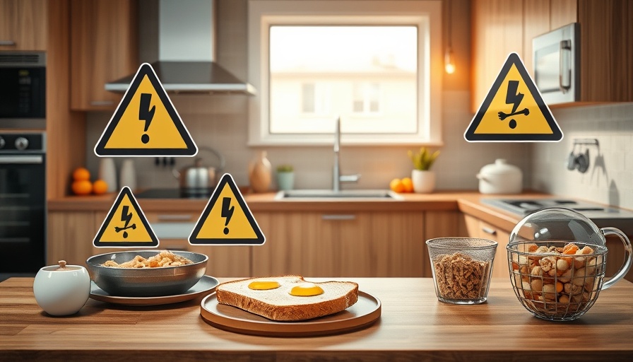 Warning graphics over breakfast in kitchen, symbolizing hormone sabotaging weight loss.