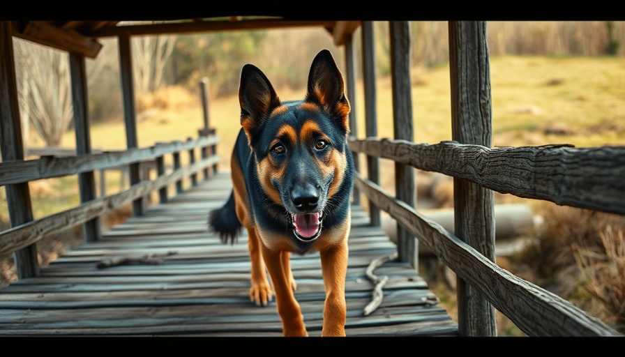 German Shepherd exploring bridge during positive dog training.