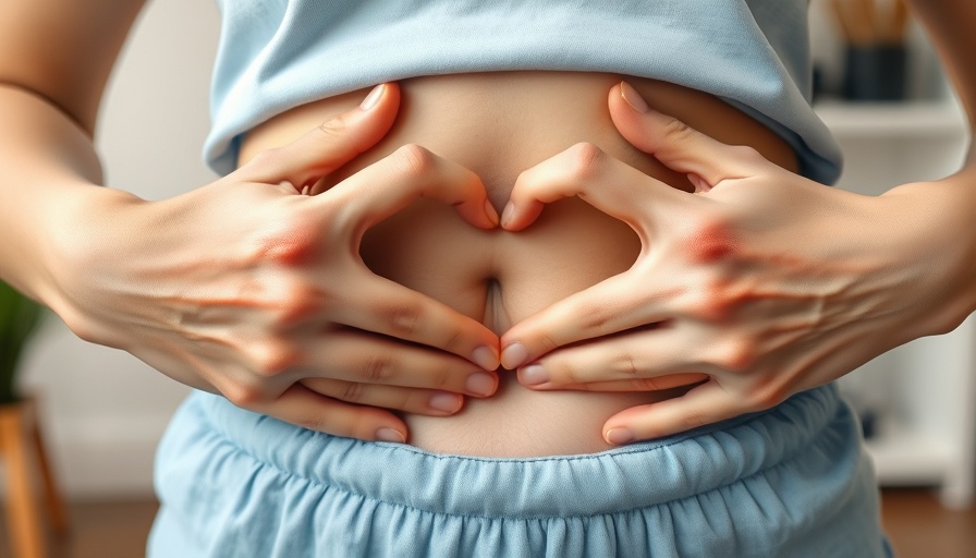 Gut-skin connection concept: Hands forming heart over stomach.