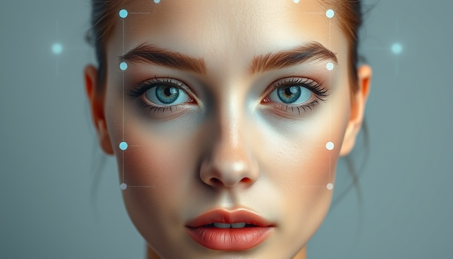 Futuristic close-up of face with AI digital overlay for skin analysis.