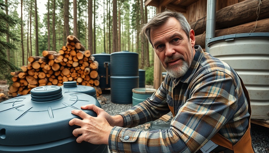 Man setting up DIY rainwater collection system in forest environment.