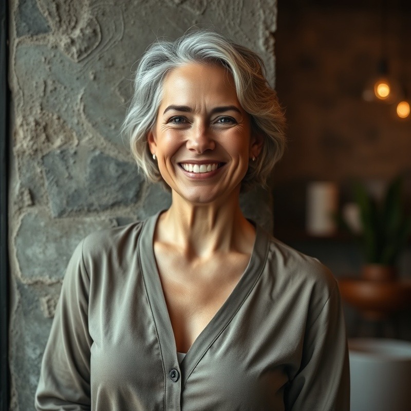 Confident middle-aged day spa owner, smiling warmly, standing against a wall in a day spa, 
