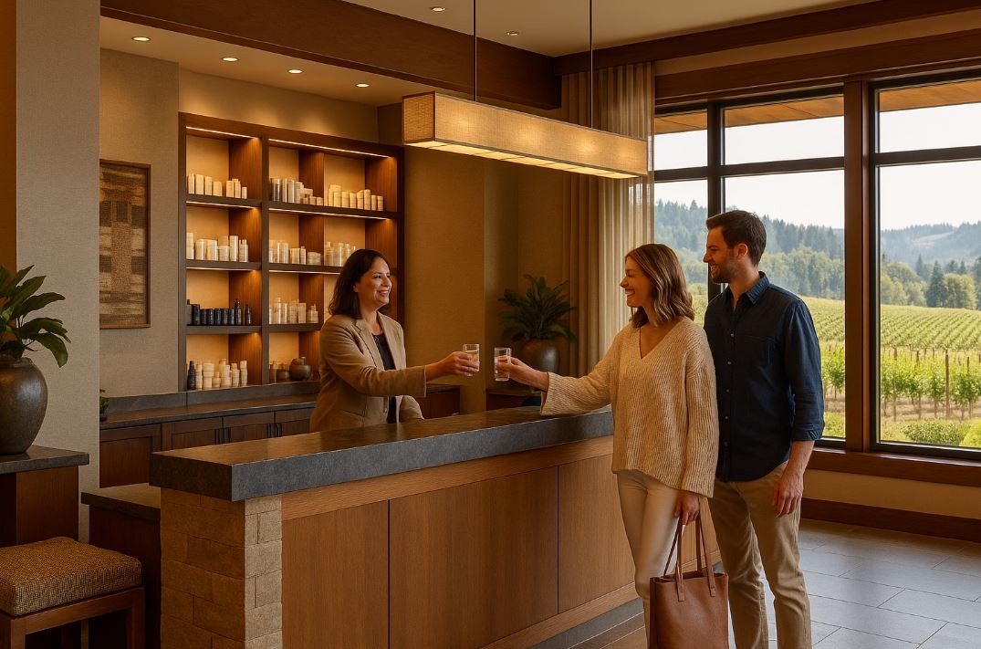 Oregon spa reception with elegant decor, warm wood finishes, and welcoming staff.