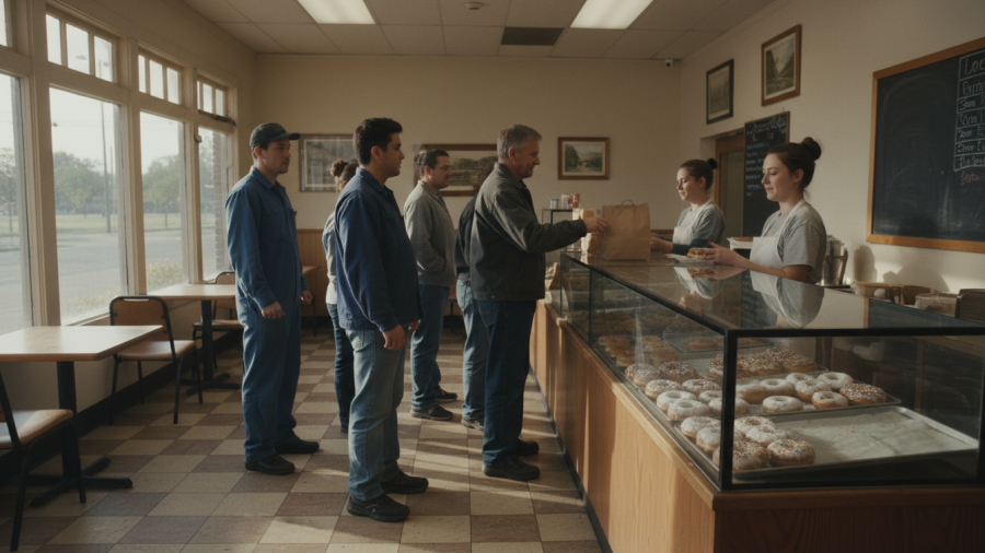 Morning at a cozy Sacramento donut shop filled with locals and warm, soft light.