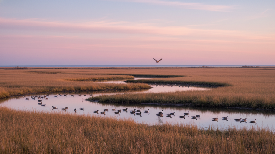 Panoramic landscape of a serene refuge with golden grasses and geese.