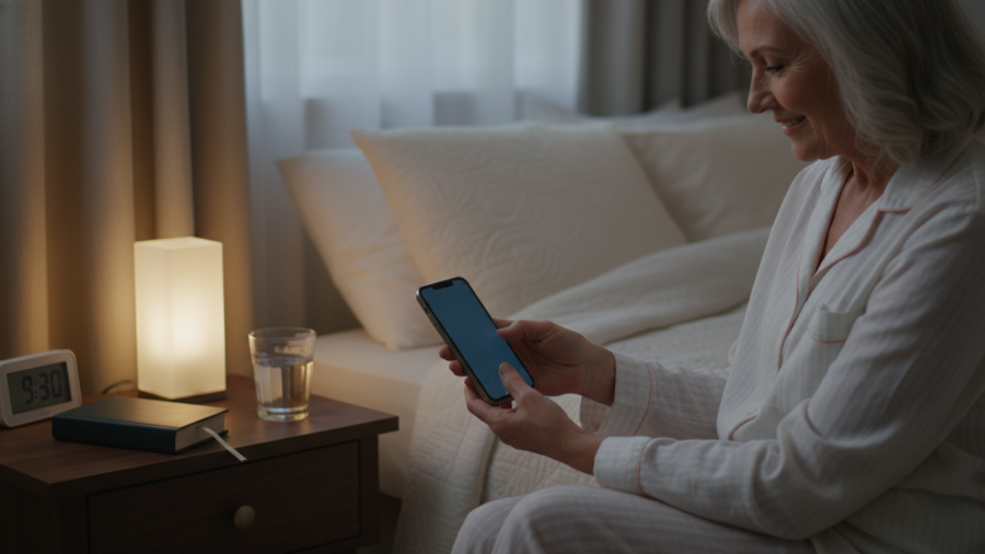 Senior adult turning off phone before bed for better deep sleep and healthy habits.