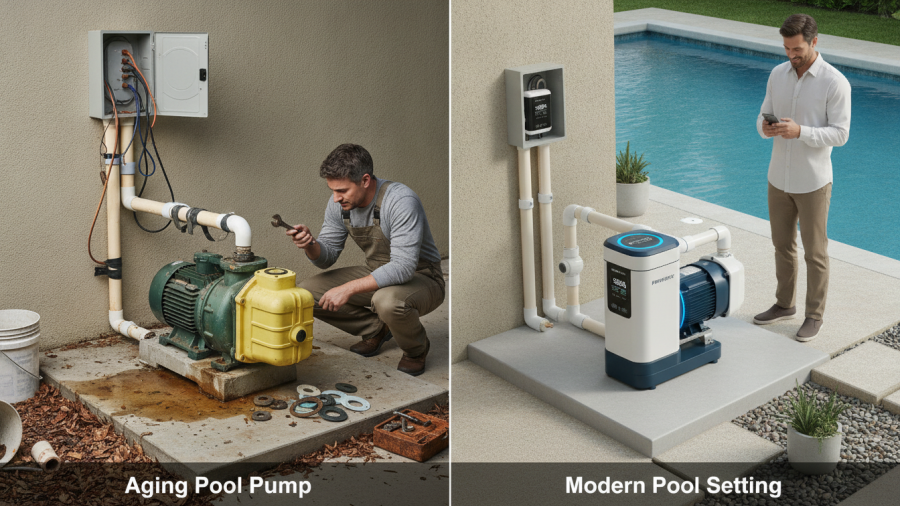 Aging pool pump compared to modern pool, illustrating pool pump repair vs replacement.
