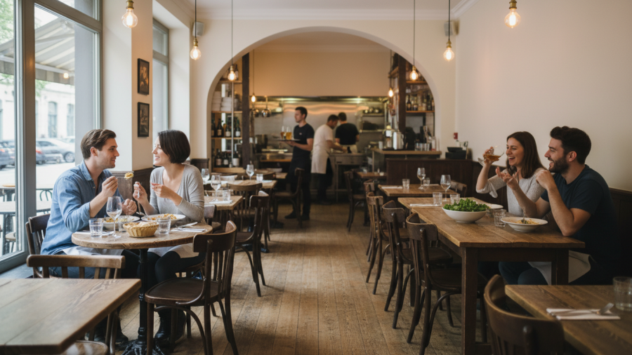 Casual dining atmosphere showcasing vegetarian comfort food ideas with guests enjoying meals.