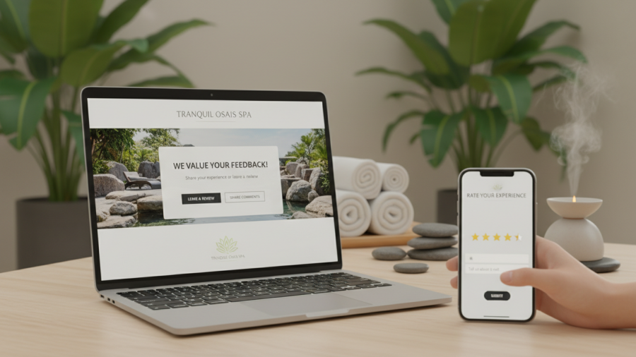 Spa website on a laptop inviting guest feedback, featuring calm design elements.