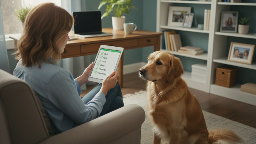 Pet owner checks healthy pet indicators with attentive dog in home office.