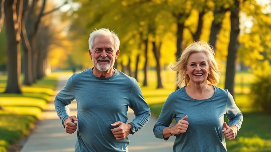 Active couple in their 50s jogging in a golden park, embracing a longevity lifestyle.