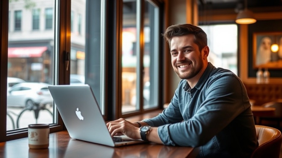 Smiling small business owner using a laptop for AI image editing at café, showcasing creative visuals.