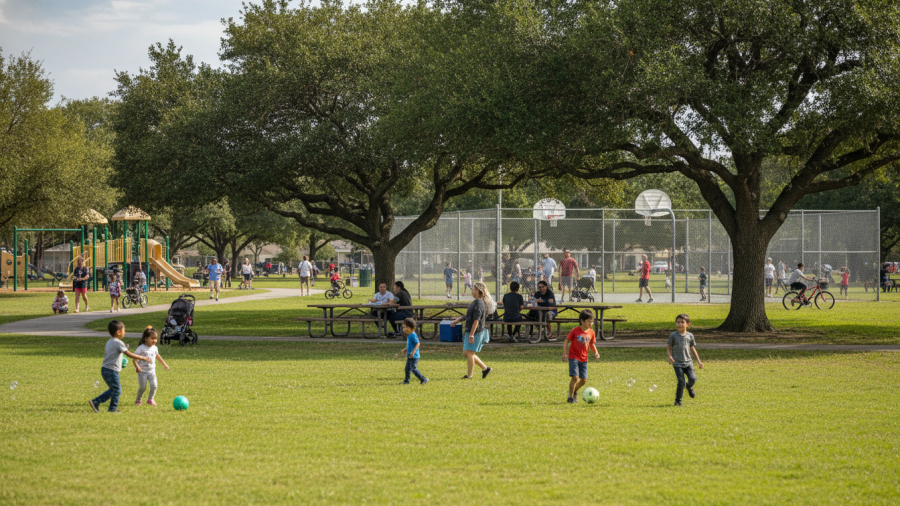 Families enjoy Oki Park Sacramento, featuring spacious grassy fields and amenities.