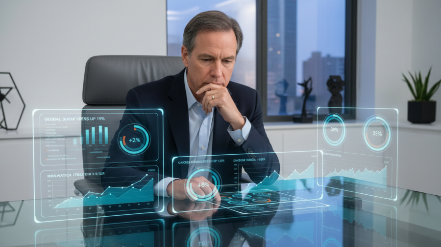 Reed Hastings analyzing data dashboards in a minimalist office, showcasing strategic foresight.